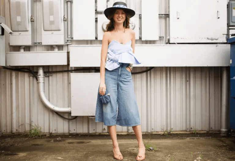 White shirt with denim culottes and platform sandals:
