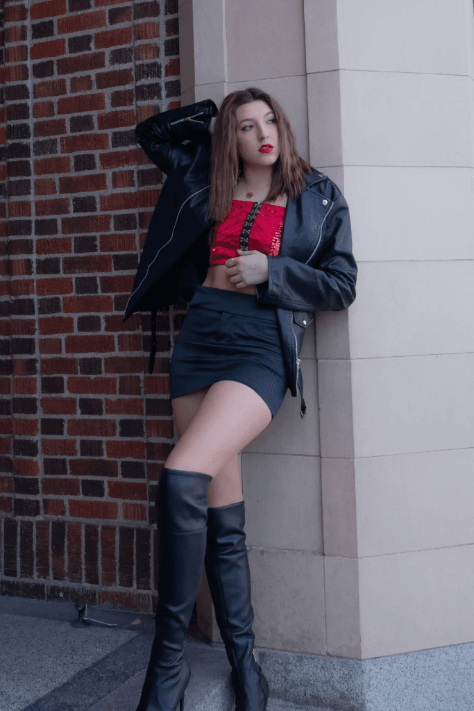 2Black Skirt + Striped Tee + Denim Jacket