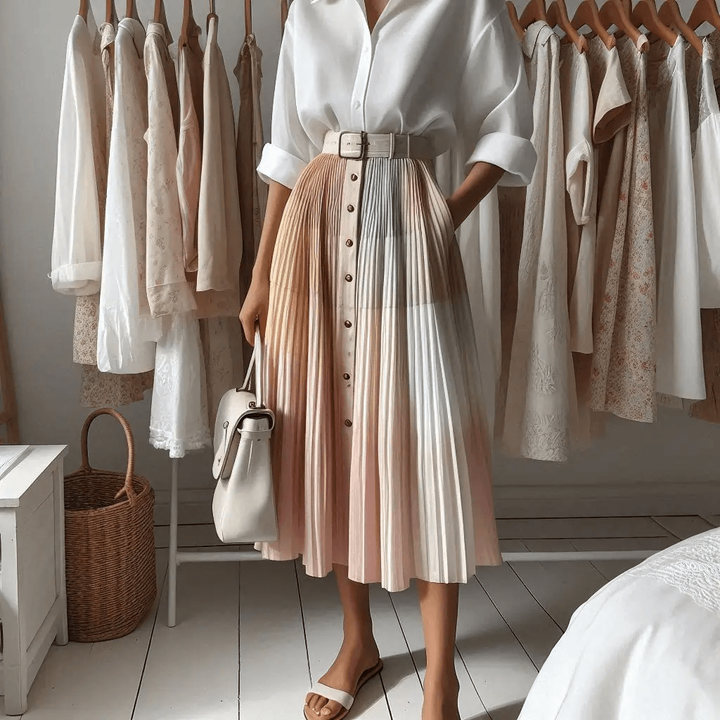 White shirt tucked into a silk midi skirt: