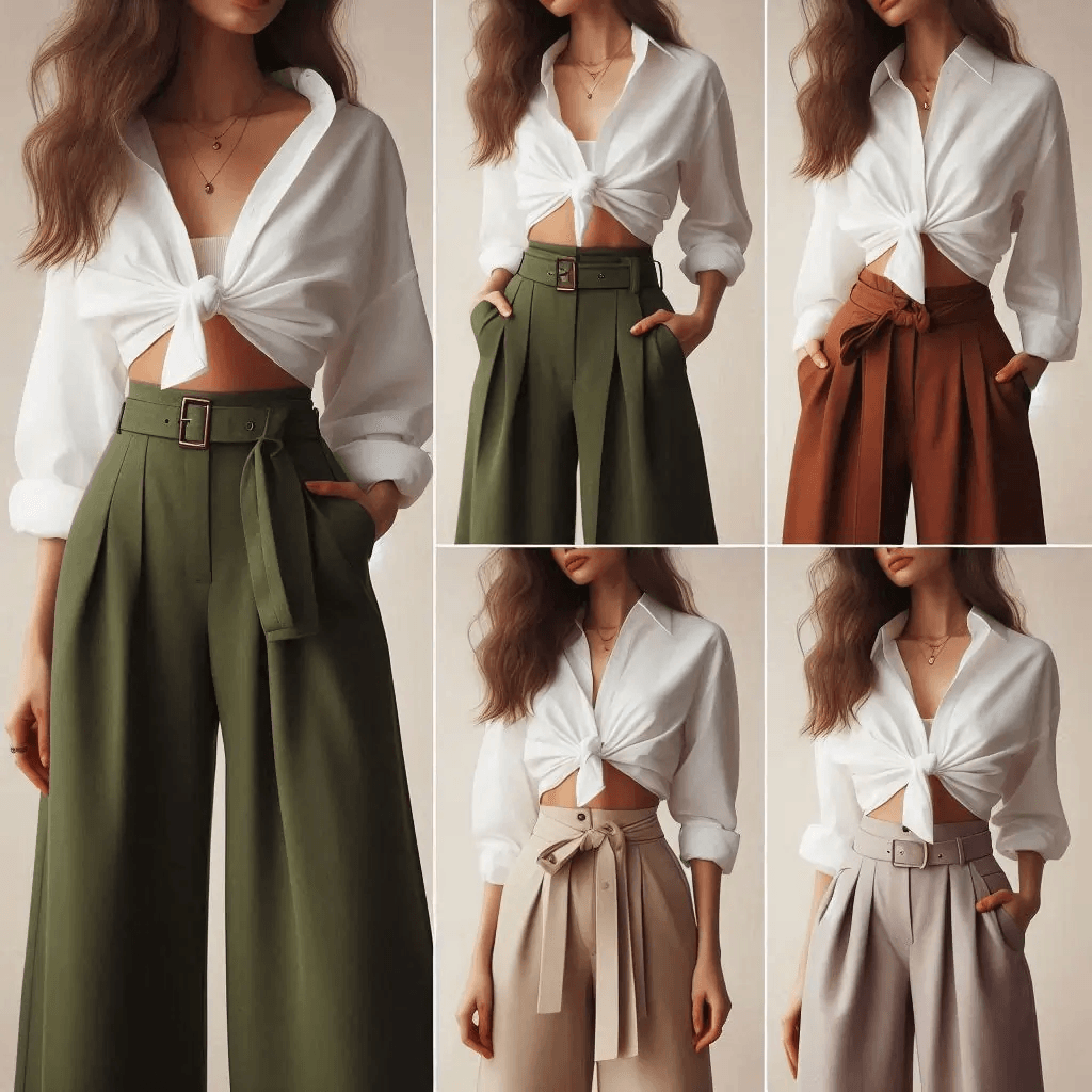  White shirt tied at the waist with wide-leg trousers:
