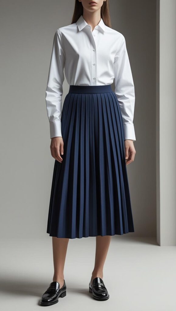 White Button-Up Shirt + Pleated Skirt