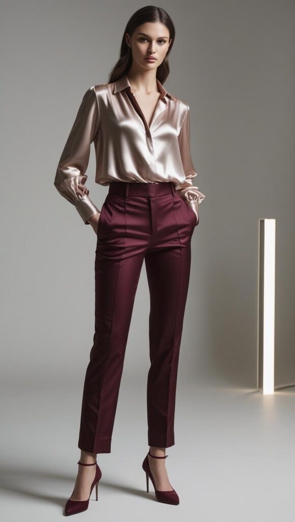  Satin Blouse + High-Waisted Trousers