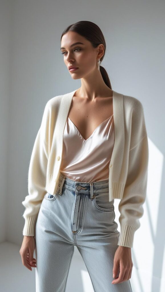 . Knit Cardigan + Camisole + Jeans