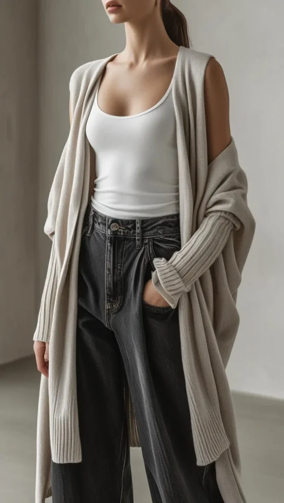  Tank Top + Cardigan + Wide-Leg Jeans