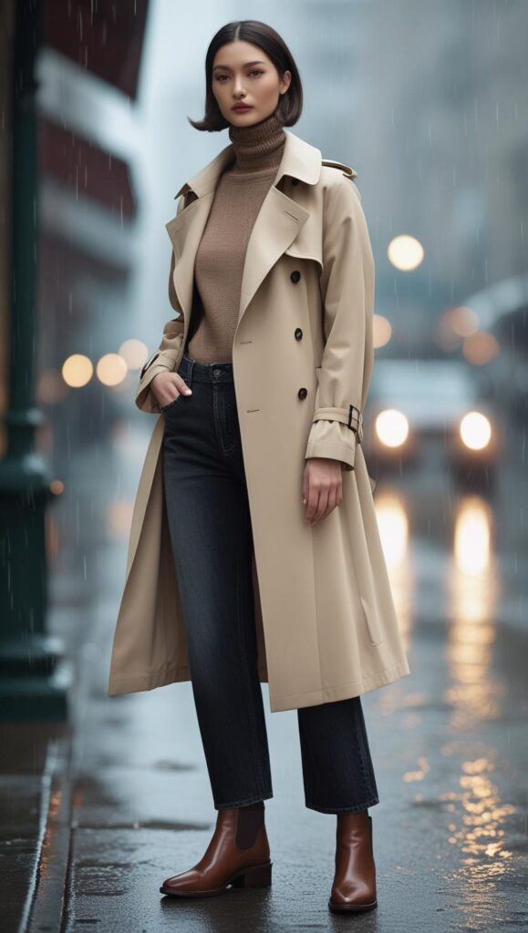  Trench Coat + Straight-Leg Jeans + Boots