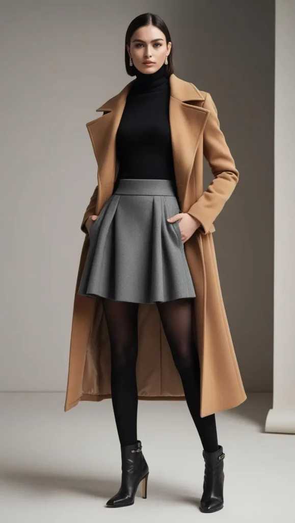 Turtleneck + Mini Skirt + Long Coat