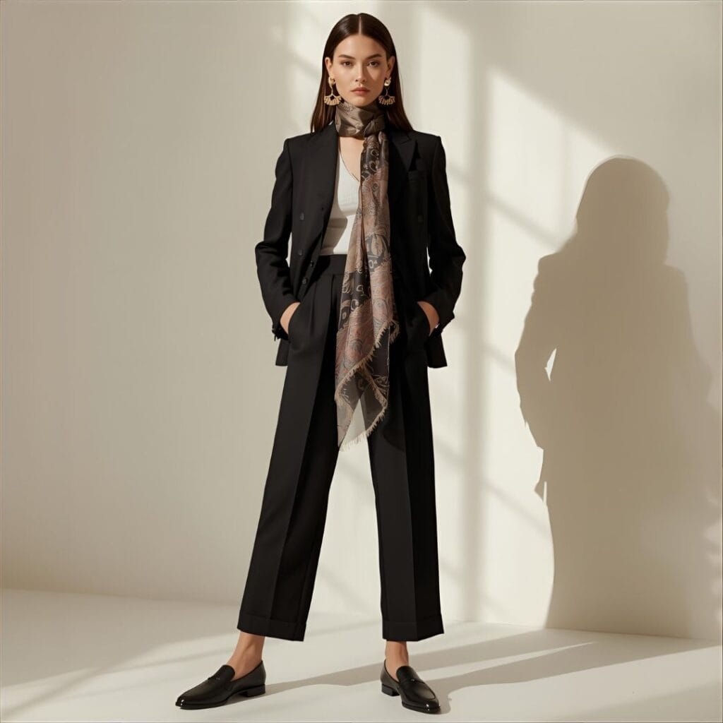 14. High-Waisted Trousers & Silk Scarf