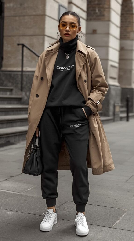 14. Athleisure Jogger Set with a Trench Coat