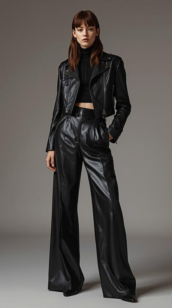 3. Leather Jacket & Wide-Leg Pants