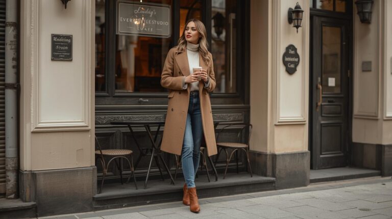 Woman in stylish coat and jeans.