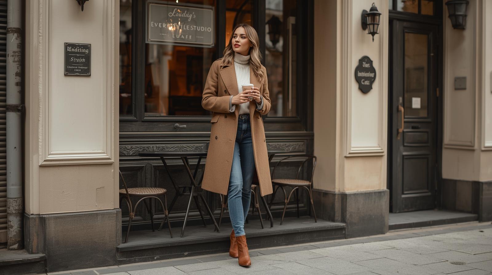 Woman in stylish coat and jeans.