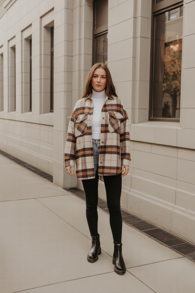 A fitted turtleneck adds warmth without bulk, and the oversized shacket balances the shape.