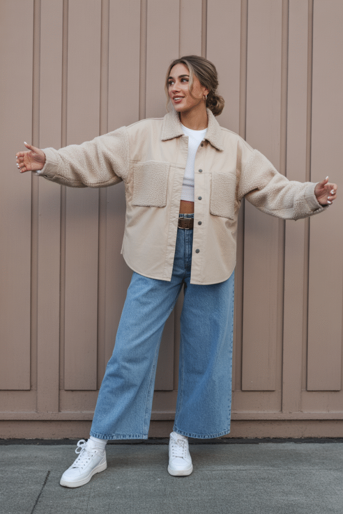 Sherpa Shacket With Denim Shorts This mix gives your outfit a modern twist. Add sneakers for a casual feel.