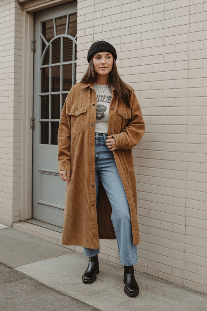 Corduroy Shacket and Ankle Boots