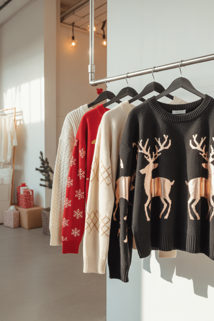 “Woman choosing affordable Christmas sweaters in a festive store.”