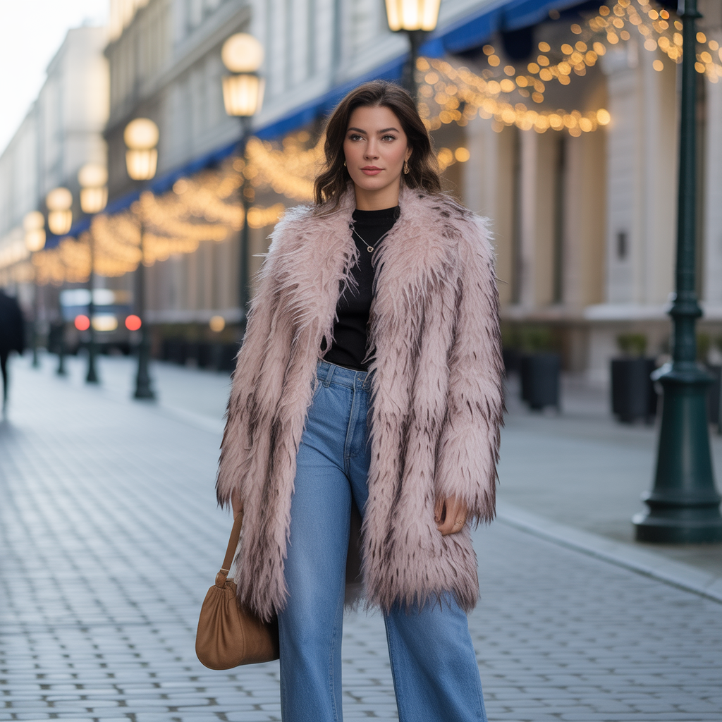 Faux fur coat styled with straight-leg denim on a winter street.
