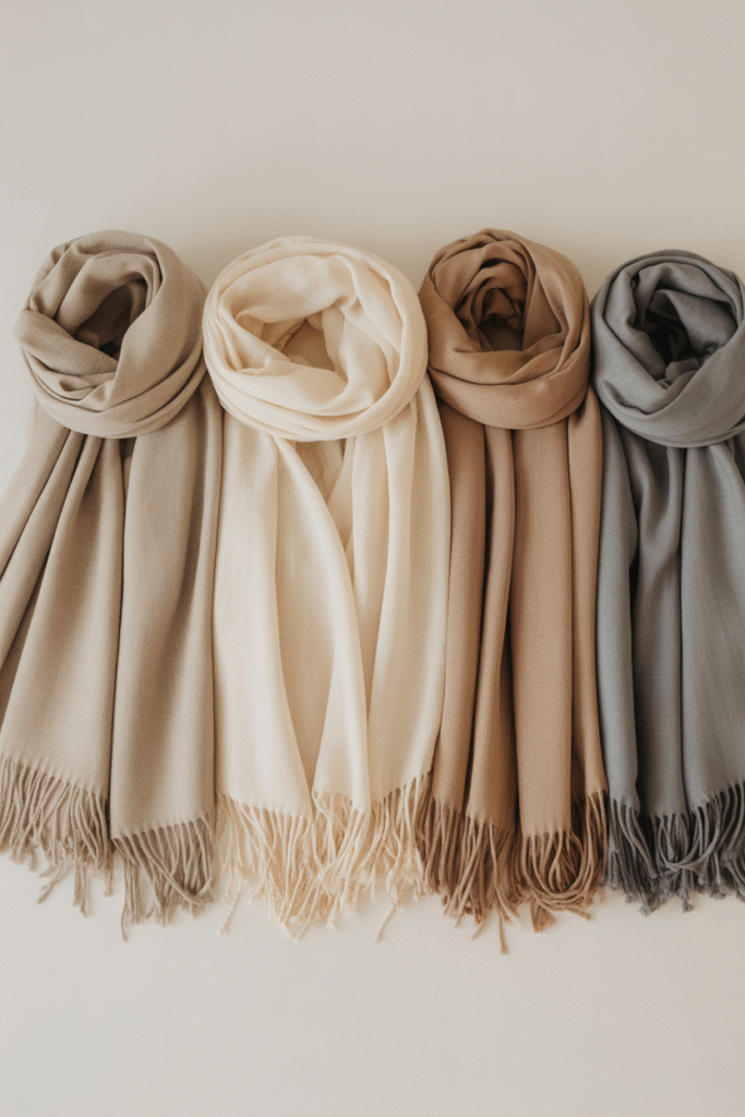 Neutral toned scarves arranged neatly in a minimalist layout.