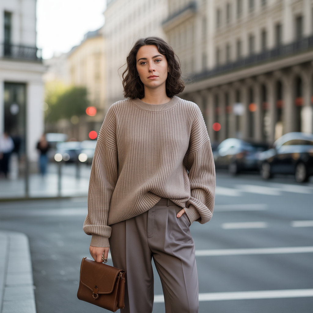 Oversized sweater and tailored trousers styled for a winter day out.