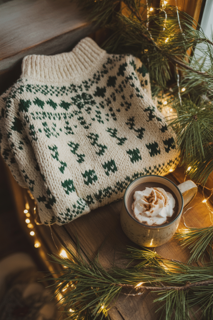 “Festive Christmas sweater folded beside winter holiday décor.”
