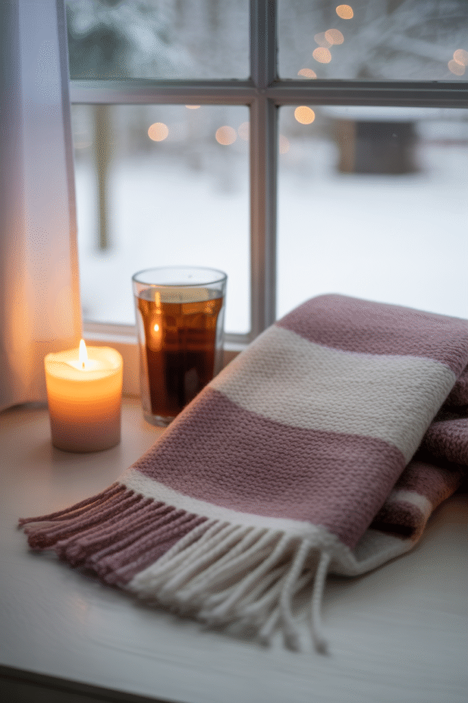 A folded winter scarf next to a warm drink in a cozy setting.