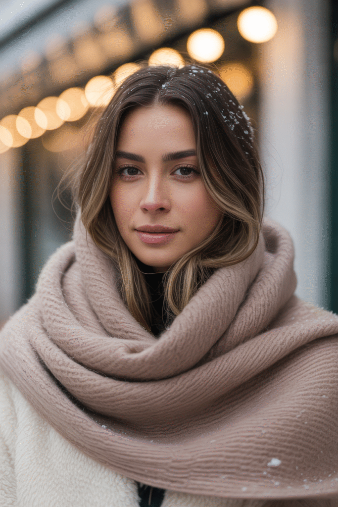 A woman in a neutral winter outfit wearing a cozy scarf during light snowfall.