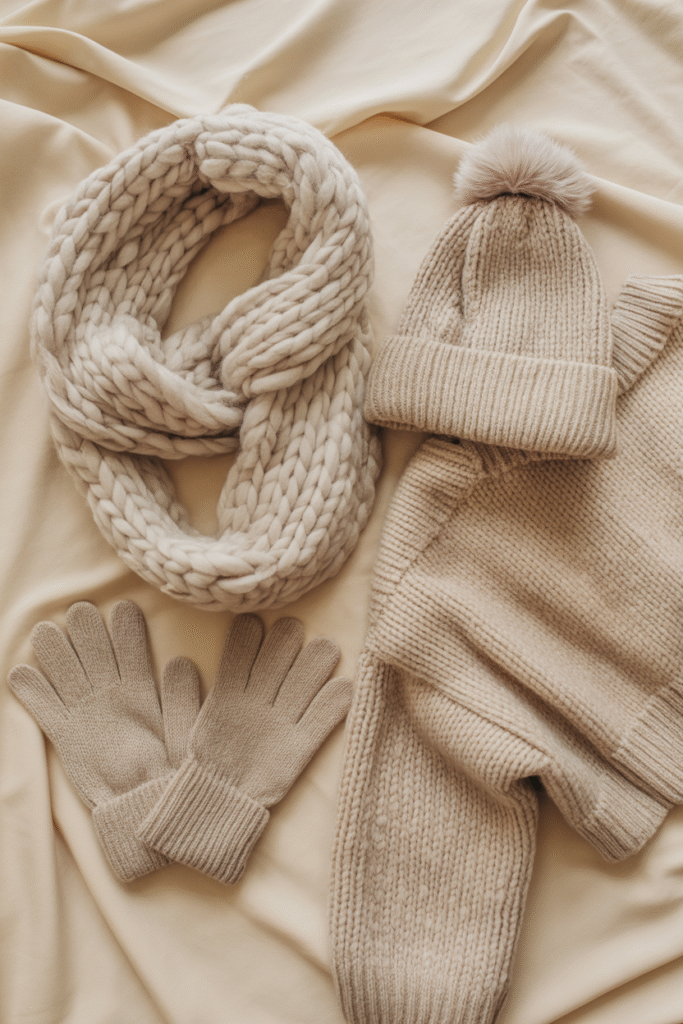 Flatlay of a knit scarf and winter accessories on a soft fabric background.