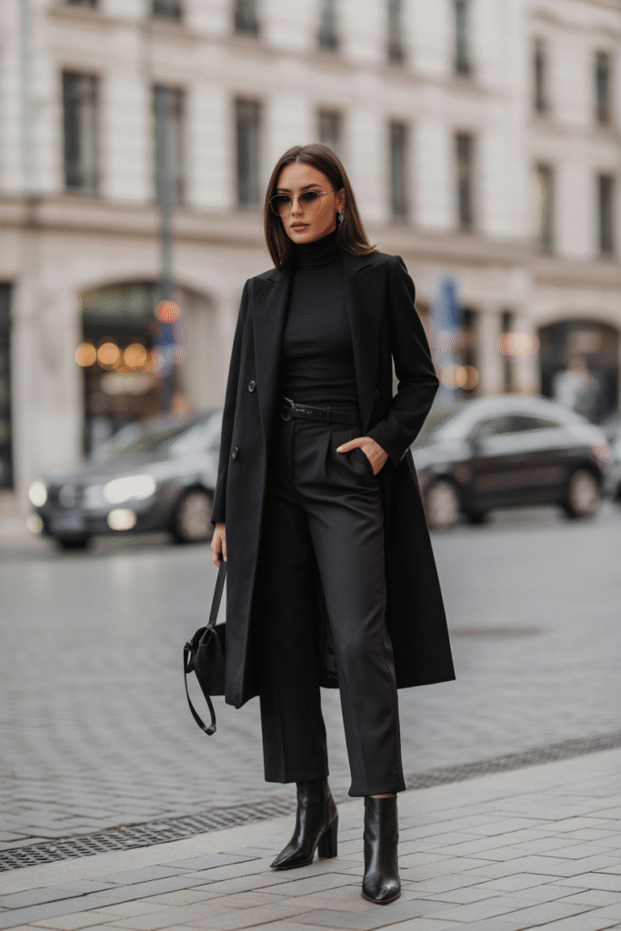 A monochrome black winter outfit styled in a modern European setting.
