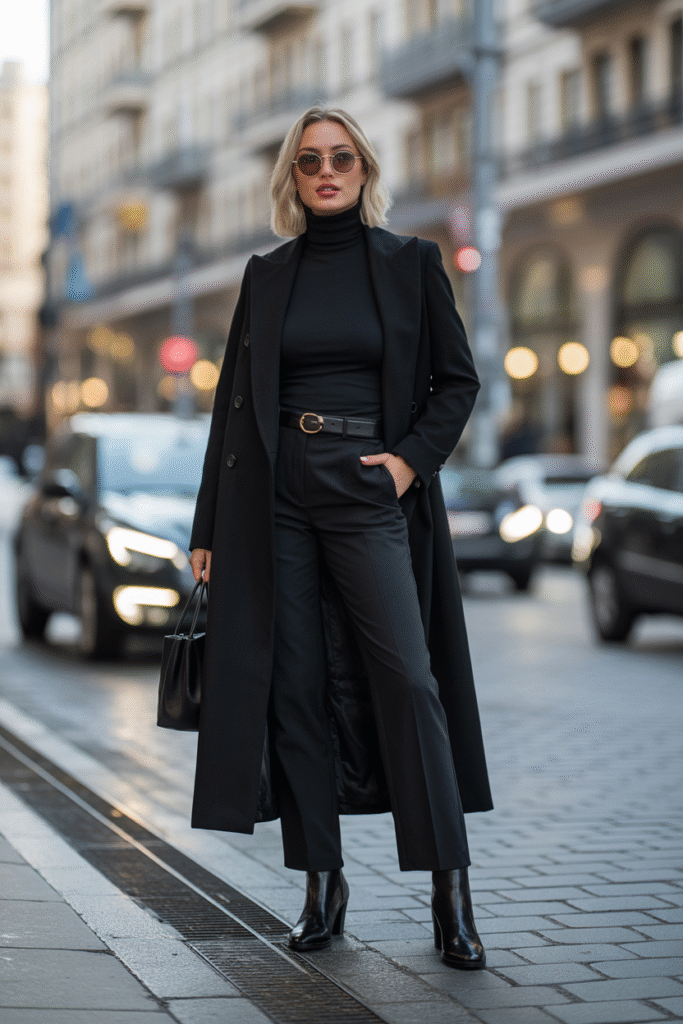 A monochrome black winter outfit styled in a modern European setting.