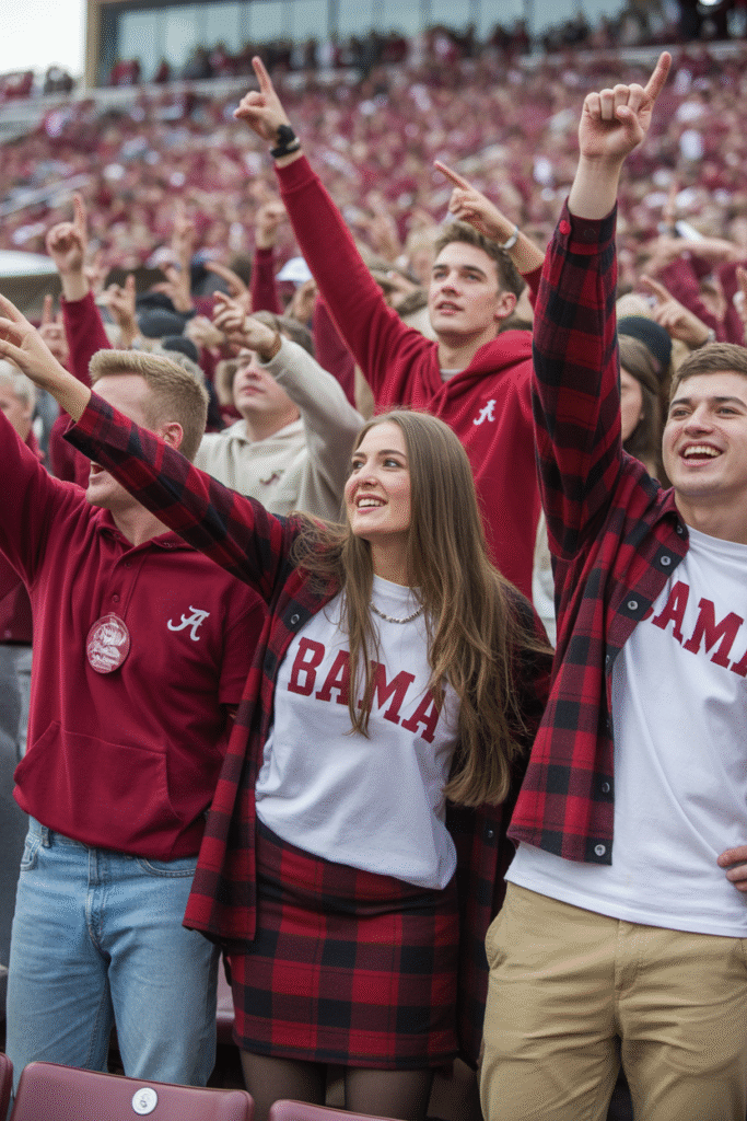 Fans wearing crimson and white outfits with plaid flannels and subtle Bama logos in stadium stands.