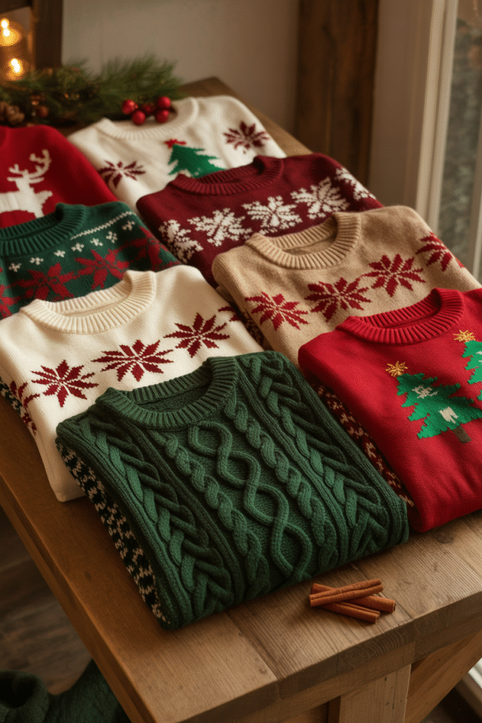 “Affordable stylish Christmas sweaters under $50 arranged on a table."