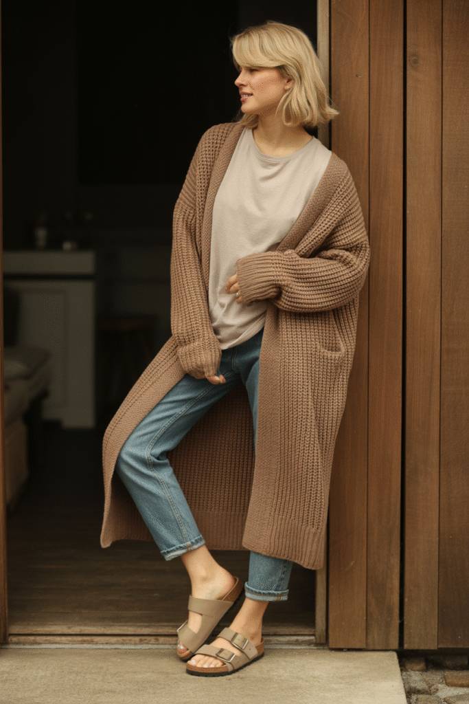 A chunky cardigan over a simple tee with jeans and Birks
