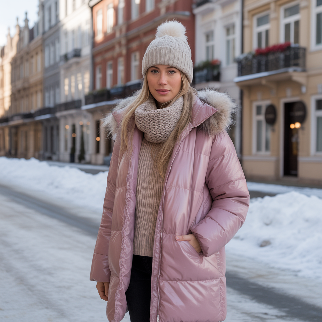 A long puffer jacket and chunky scarf styled for cold European weather.