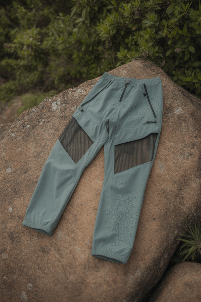 Breathable hiking leggings placed on a rock in nature.