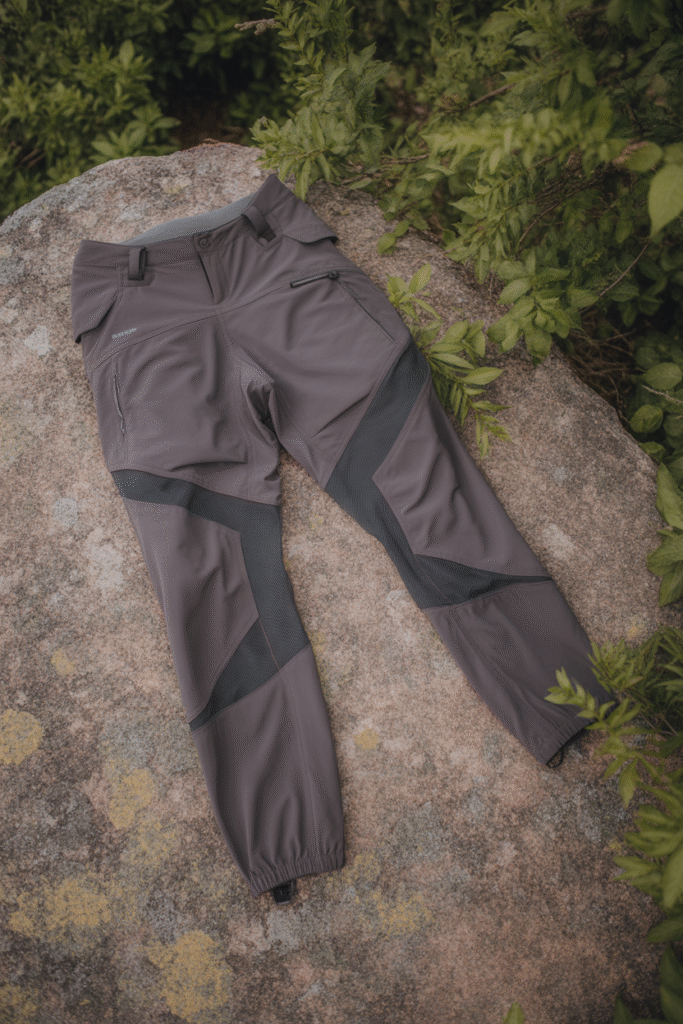 Breathable hiking leggings placed on a rock in nature.