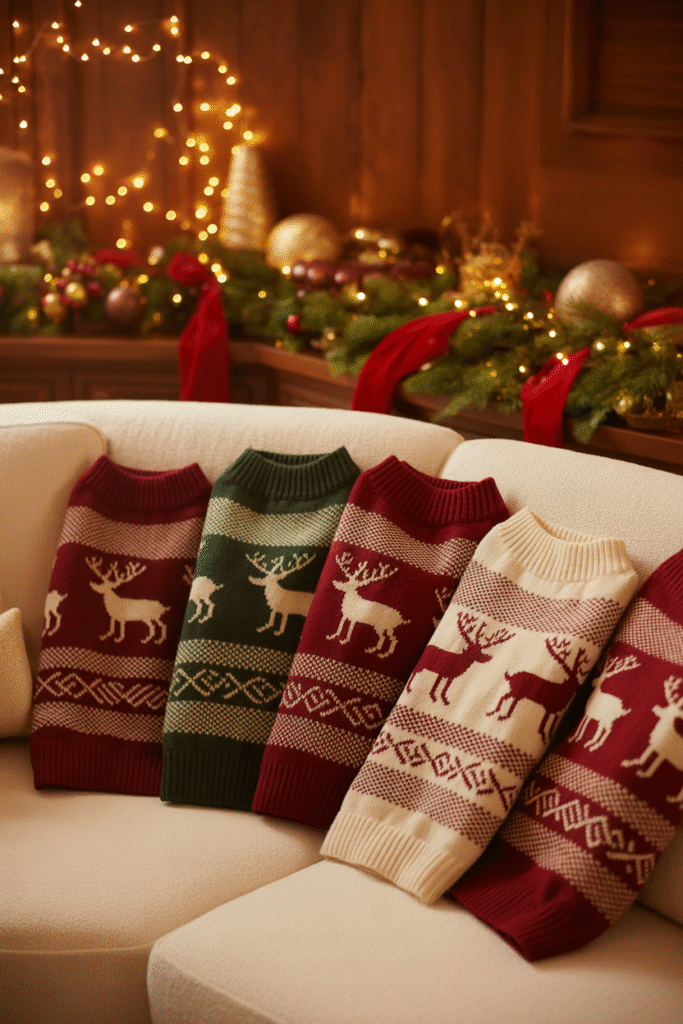 “Cozy living room with Christmas sweaters displayed beside holiday décor.”