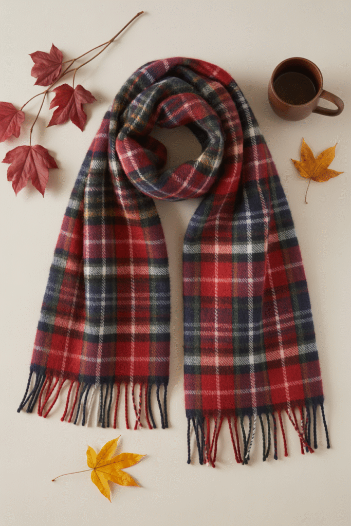Plaid scarf with classic winter colors arranged on a clean background.