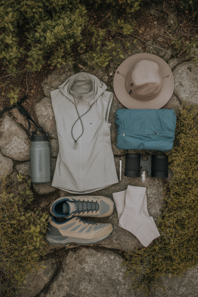 Flat-lay of essential cool-weather hiking gear.