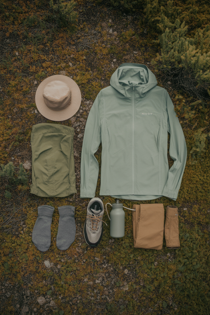 Flat-lay of essential cool-weather hiking gear.