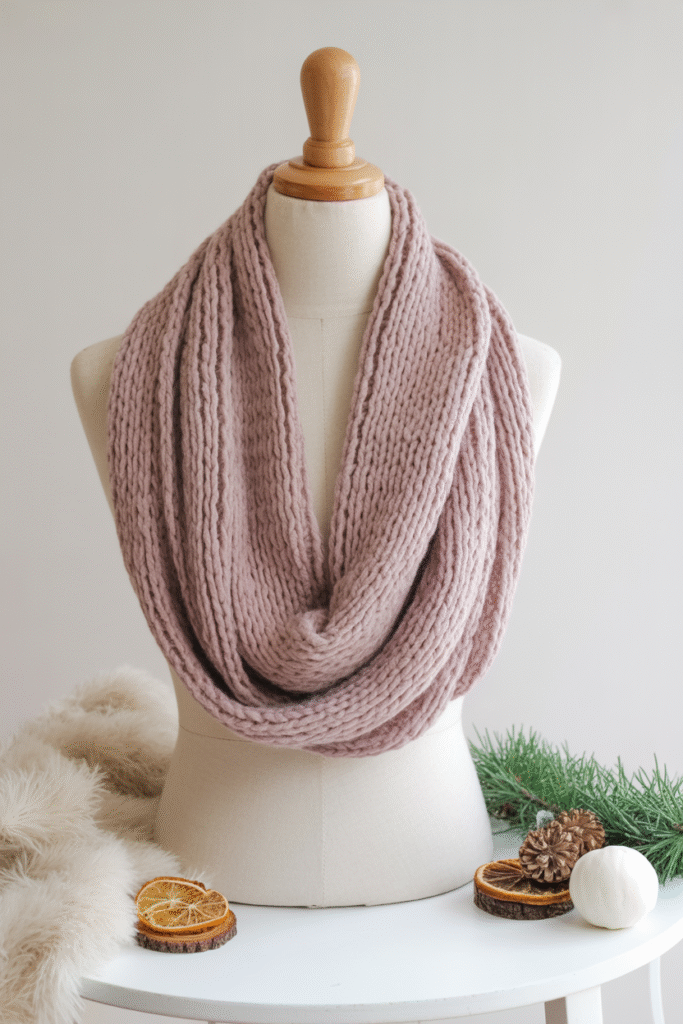 Infinity scarf arranged in a loop on a clean background.