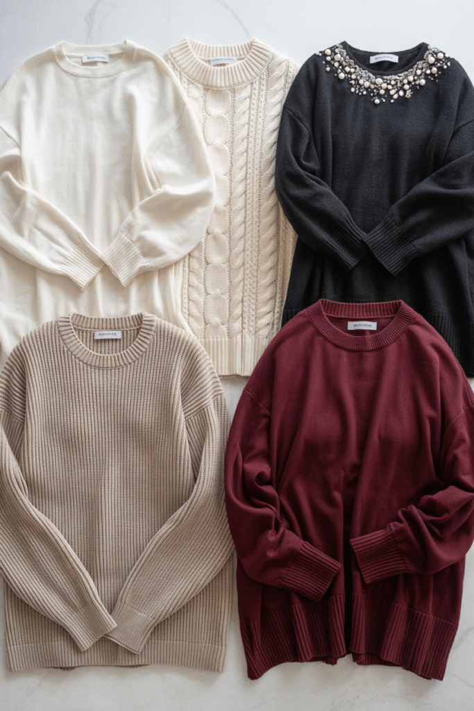 “Different styles of affordable Christmas sweaters in various textures.”