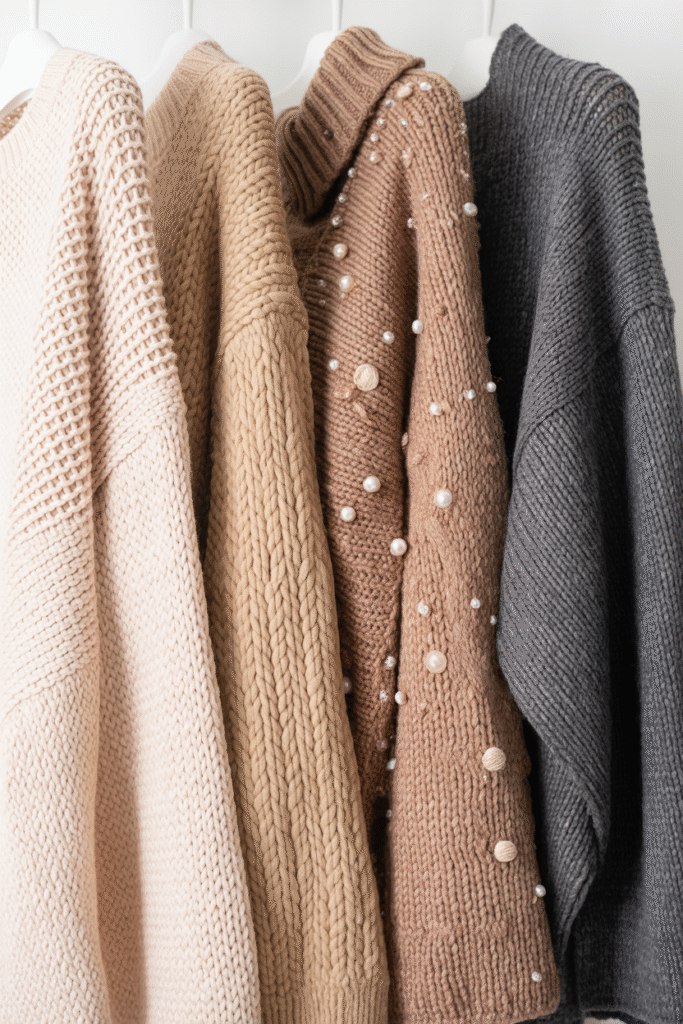 “Different styles of affordable Christmas sweaters in various textures.”