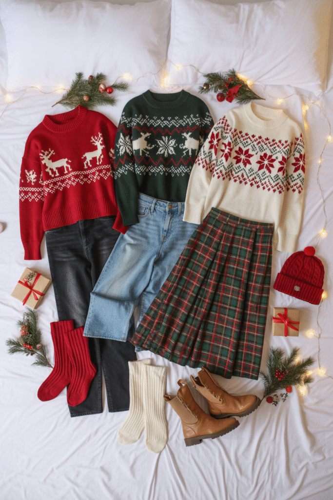 “Christmas sweaters styled with skirts, jeans, and winter layers.”