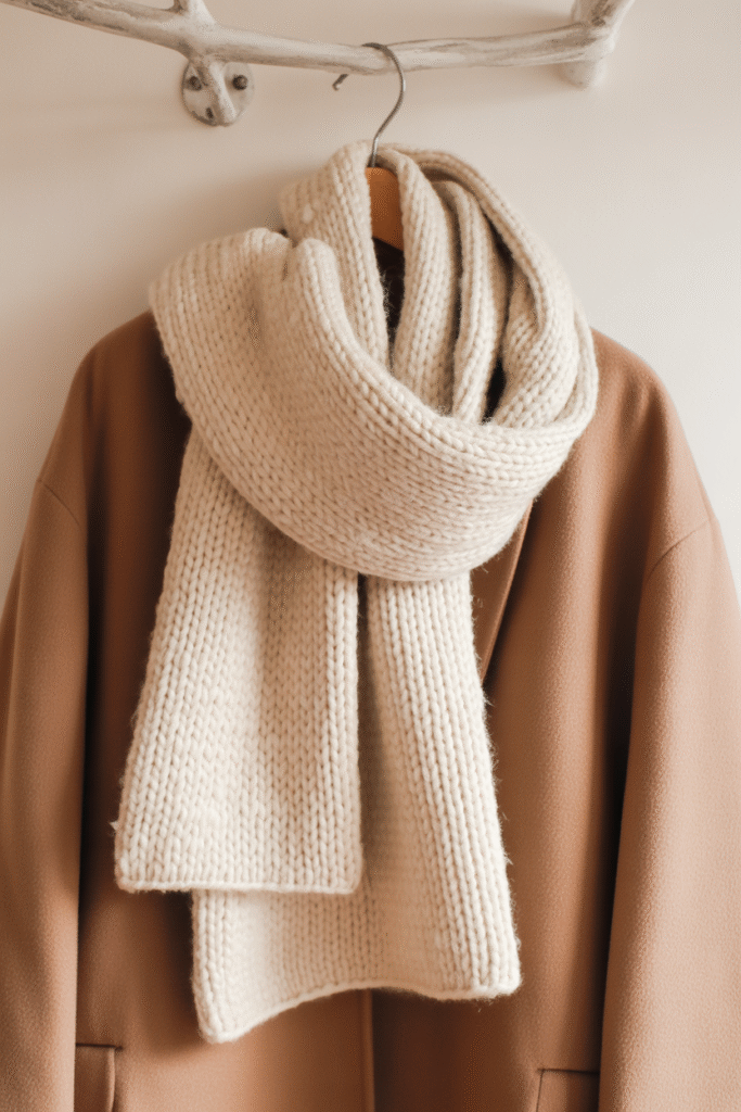 Chunky knit scarf hanging over a winter coat.