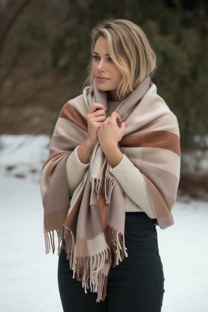 Woman wearing an oversized blanket scarf in a winter outdoor setting.