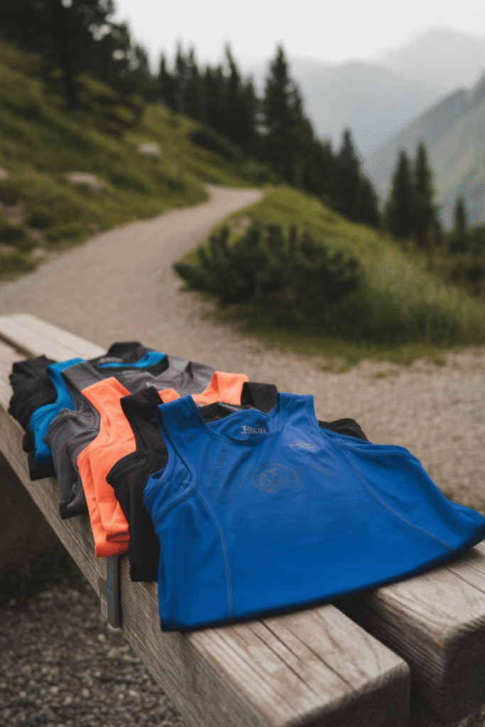 A set of breathable athletic tank tops for hiking.
