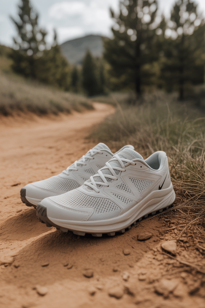 Ventilated hiking shoes sitting on a trail.