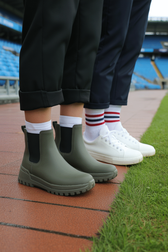 Waterproof ankle boots and white sneakers with Bama-colored socks on a muddy stadium walkway.
