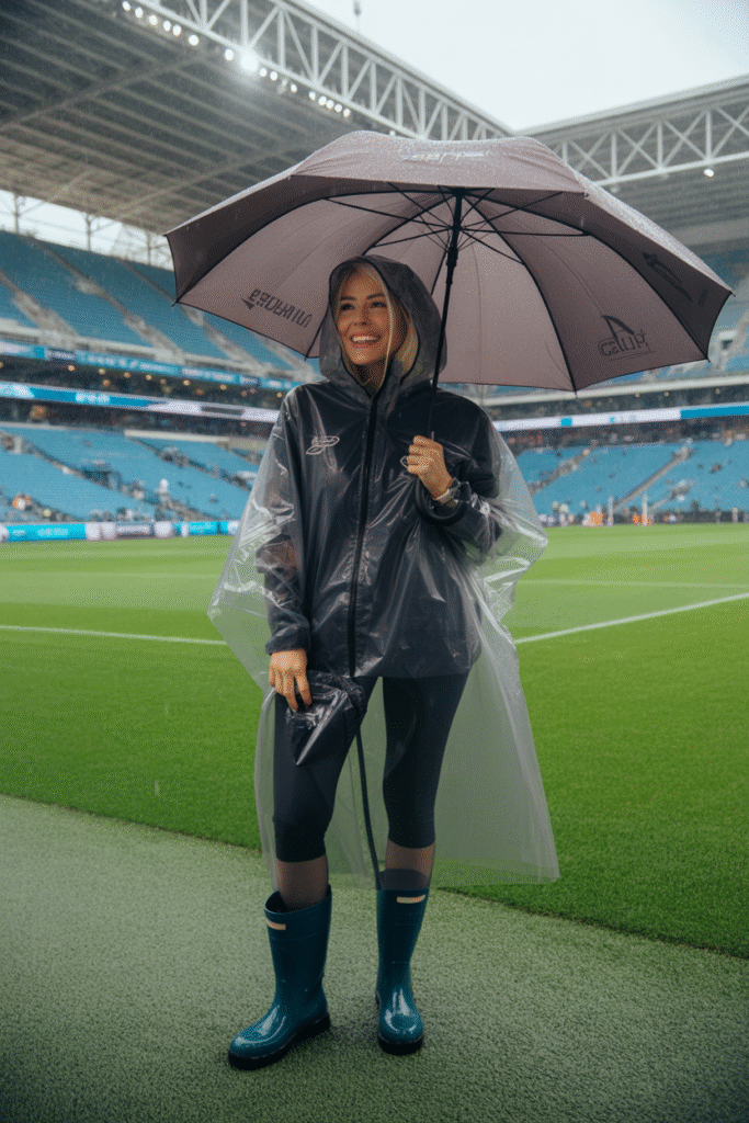 Fan prepared for rain with poncho, water-resistant jacket, umbrella, and waterproof boots at stadium.