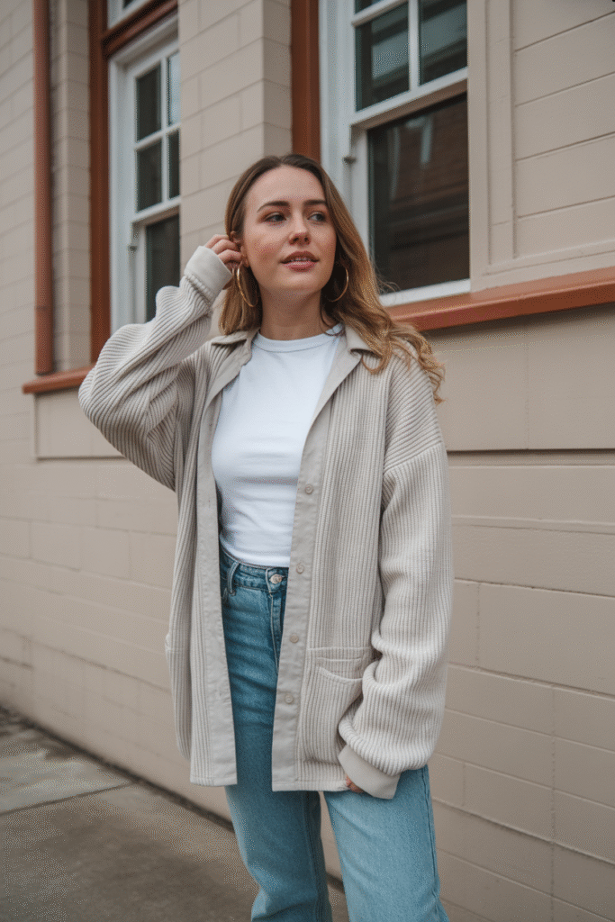 Thin knits pair nicely with thicker shackets, especially on cold mornings.