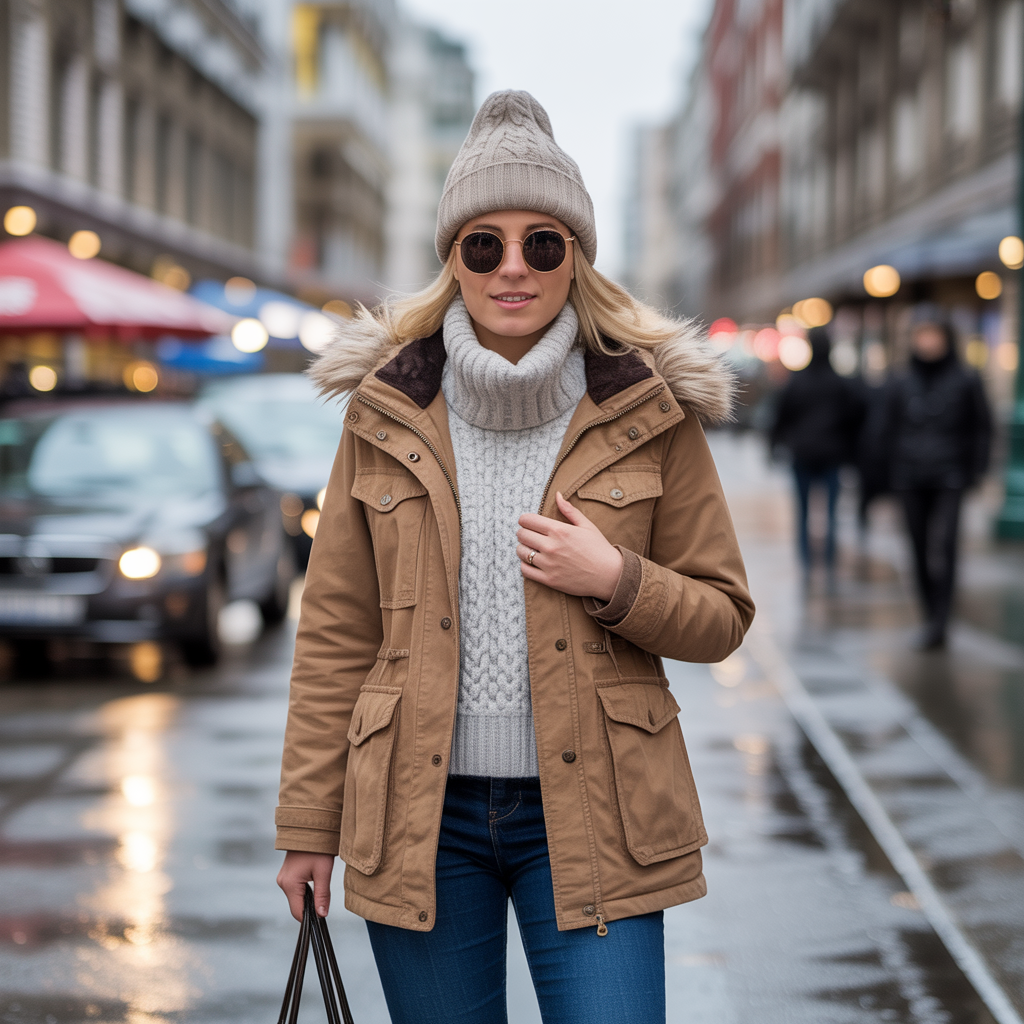 A woman in a winter coat and scarf walking along European cobblestone streets in light snow.